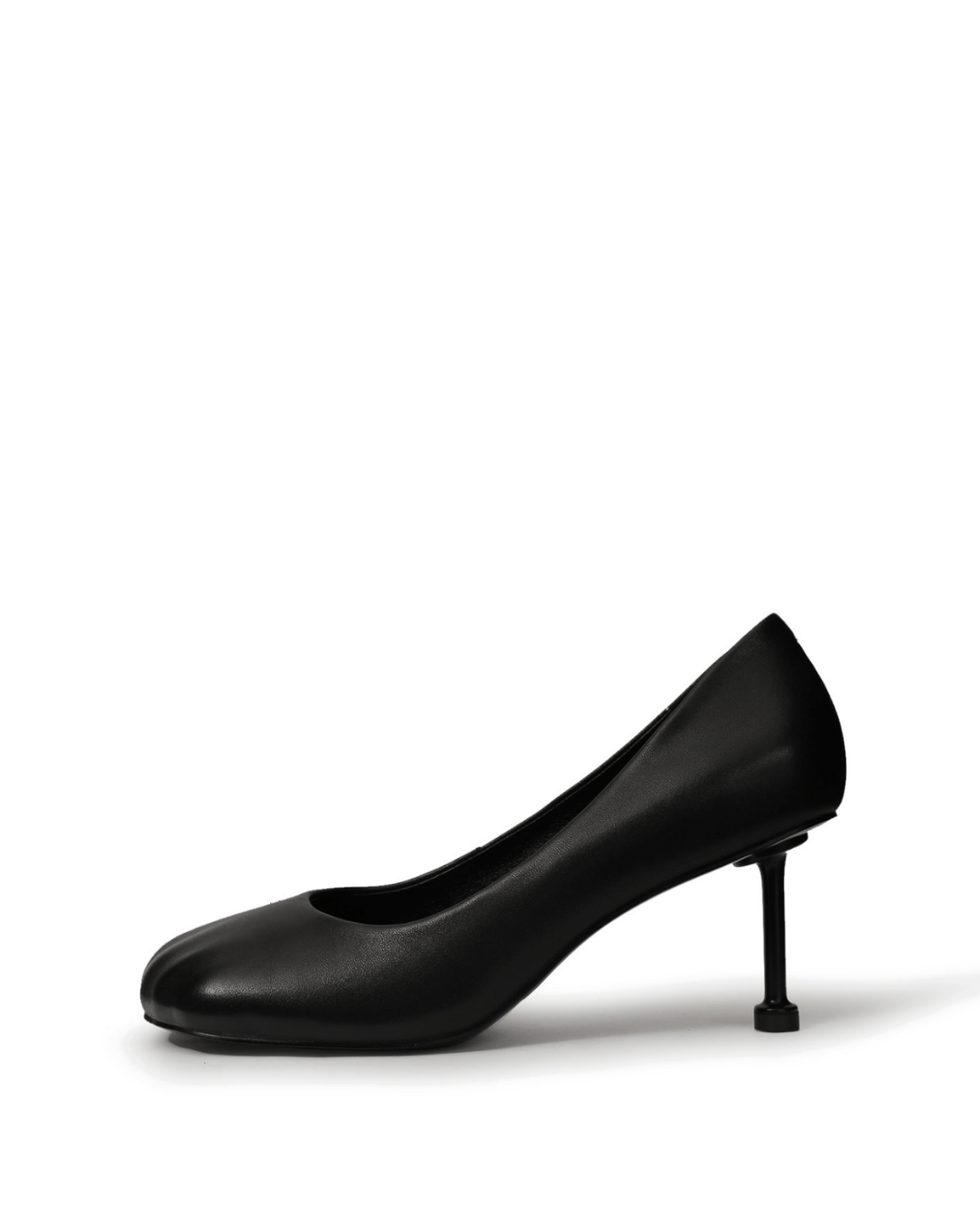 Black square-toe pumps with a sculptural slim heel — side view