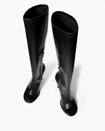 Black stretch microfiber knee-high boots with side zips