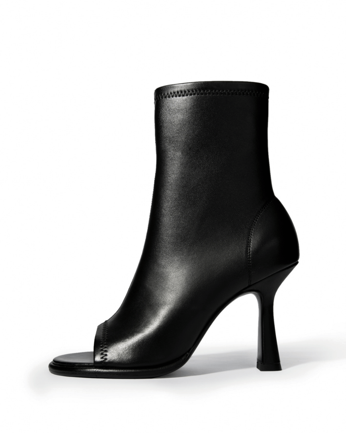 Black genuine stretch-leather peep-toe ankle boots, side view