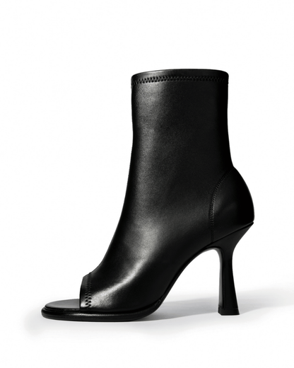 Black genuine stretch-leather peep-toe ankle boots, side view