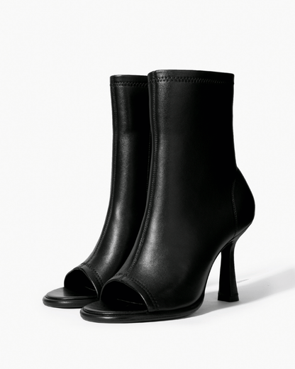 Pair of black genuine stretch-leather peep-toe ankle boots