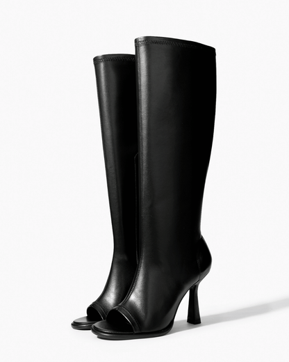 Pair of black stretch microfiber leather open-toe knee boots