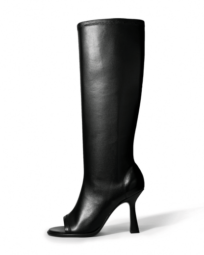 Black stretch microfiber leather open-toe knee-high boots, side view