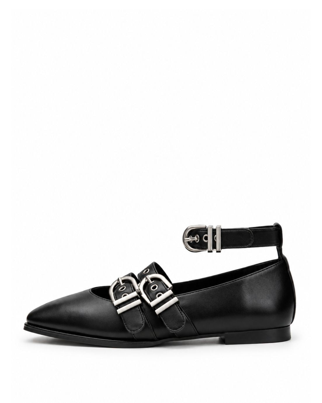 Black leather ballet flat with square toe, triple silver buckles and ankle strap, side profile