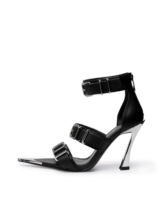 Black leather triple-buckle heels with chrome-coated pointed toe and sculptural high heel, side view