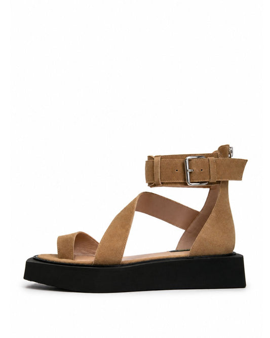 Camel suede ankle-cuff platform sandals with black sole, side view