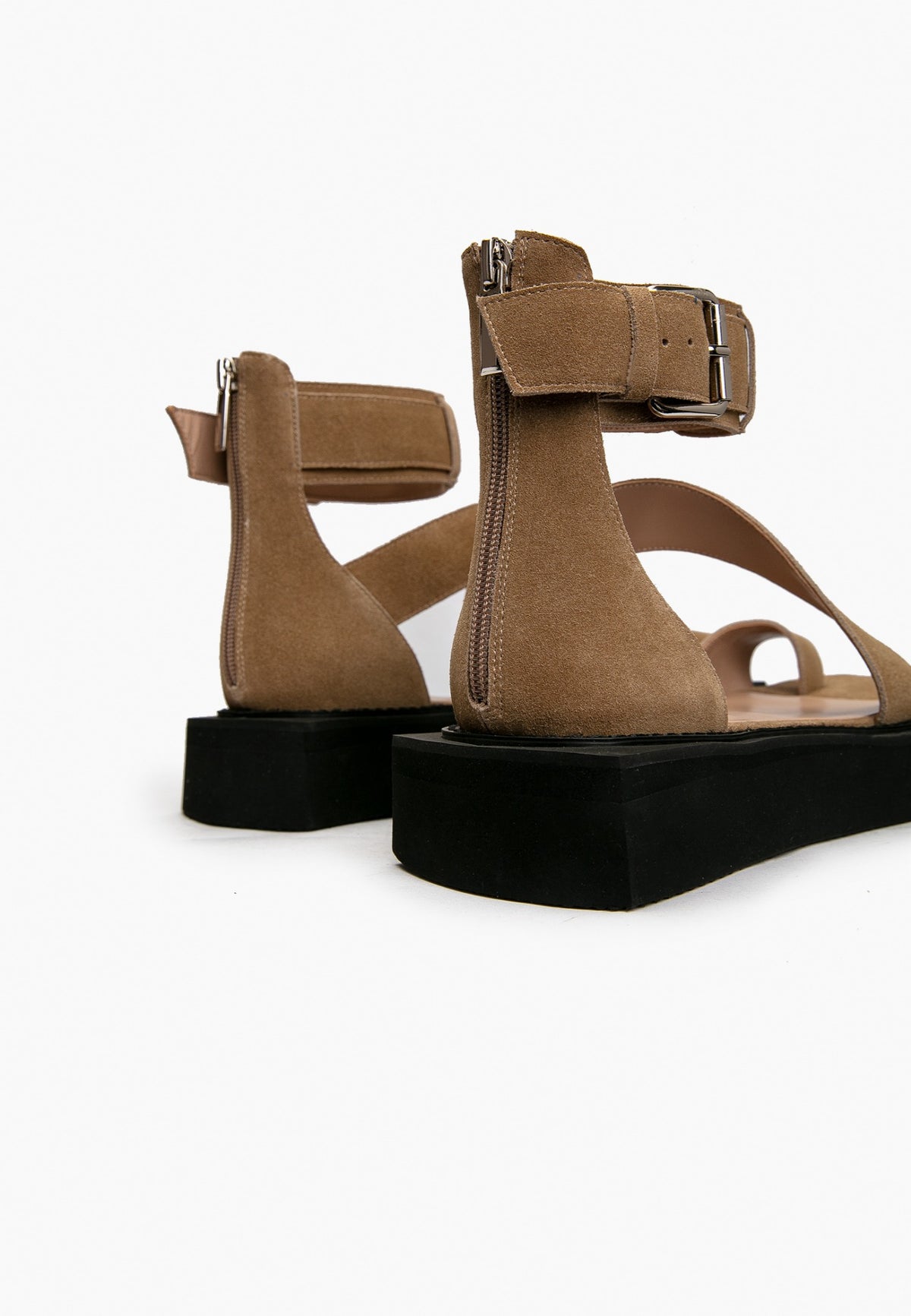 Rear view of camel suede ankle-cuff sandals with zipper fastening