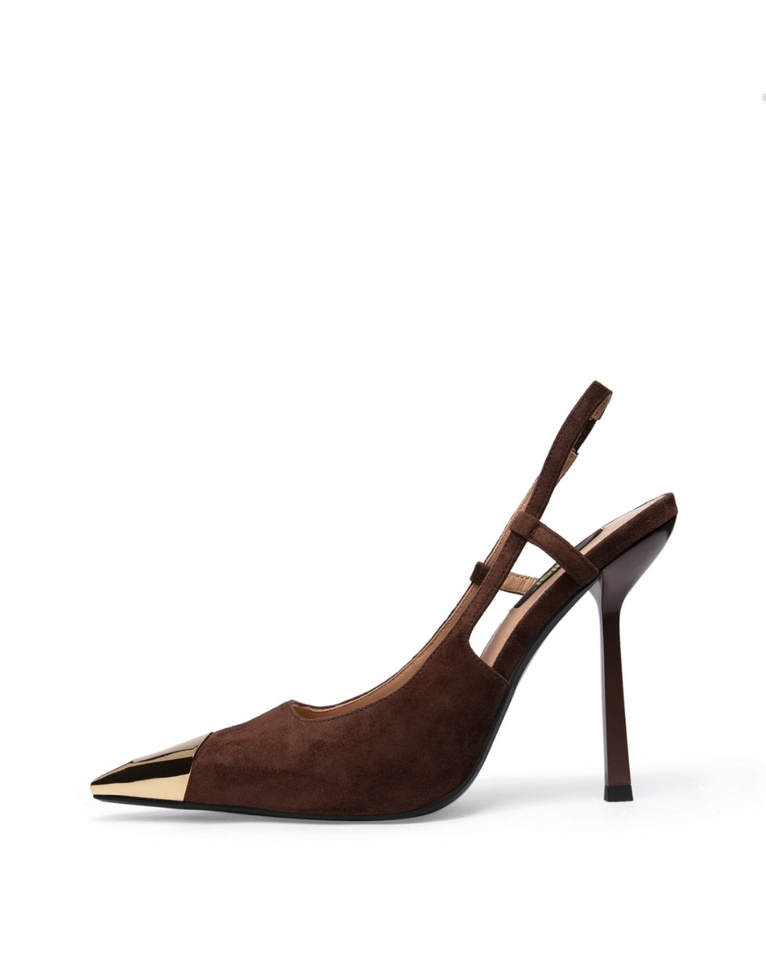 Chocolate-brown suede slingback heel with gold-tone pointed toe cap and slim high heel, side profile