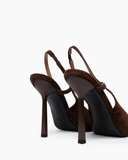 Rear view of brown suede slingback heels showing narrow straps and slim stilettos