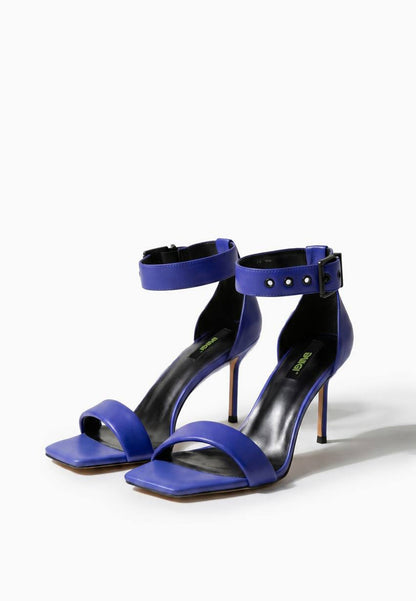 Pair of cobalt blue genuine leather heels with black buckles