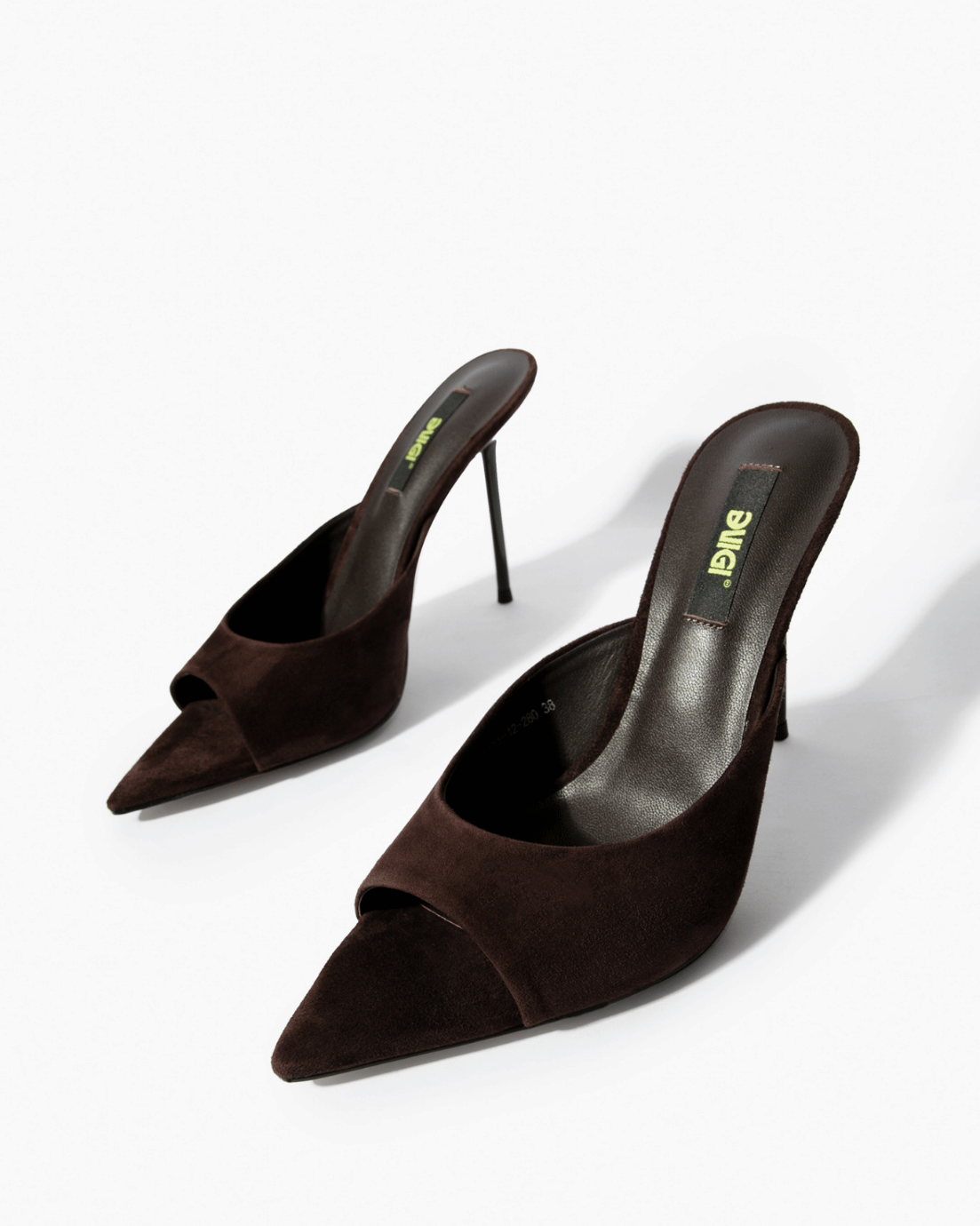 Dark brown suede stiletto mules, front angle