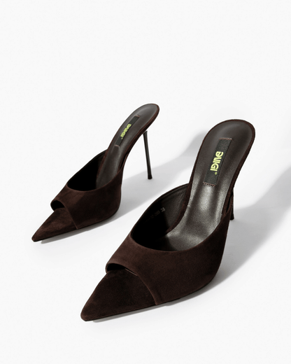 Dark brown suede stiletto mules, front angle