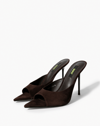 Pair of dark chocolate genuine suede pointed-footbed mules