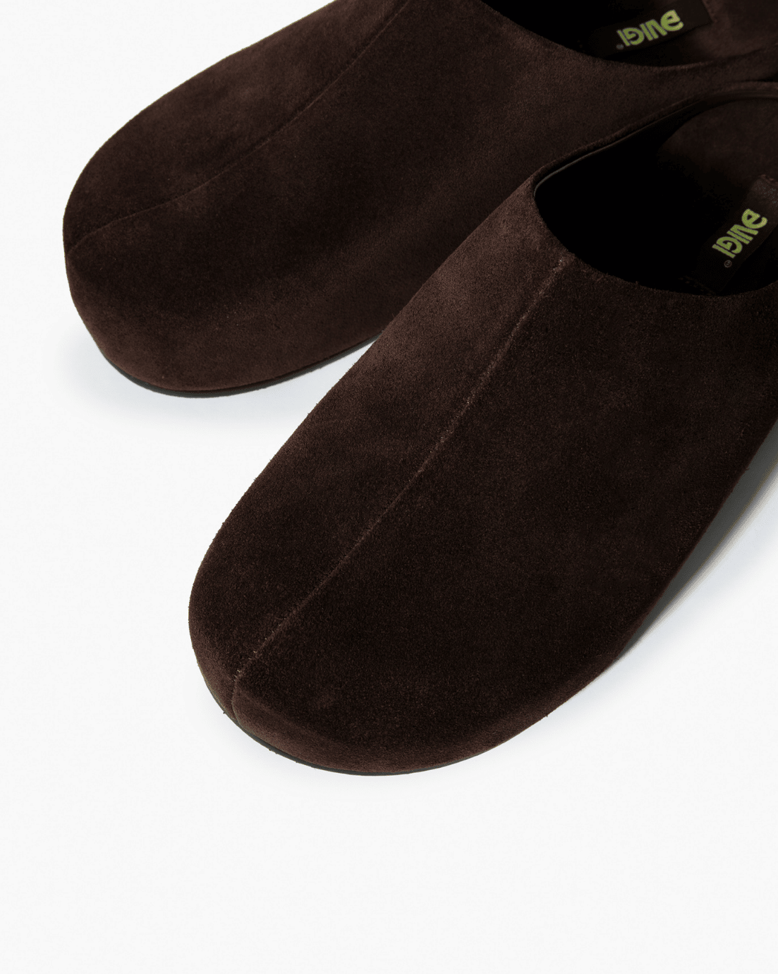 Dark chocolate suede clogs with tonal centre seam detail