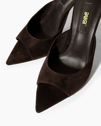 Dark chocolate suede mules with open toe and pointed footbed detail