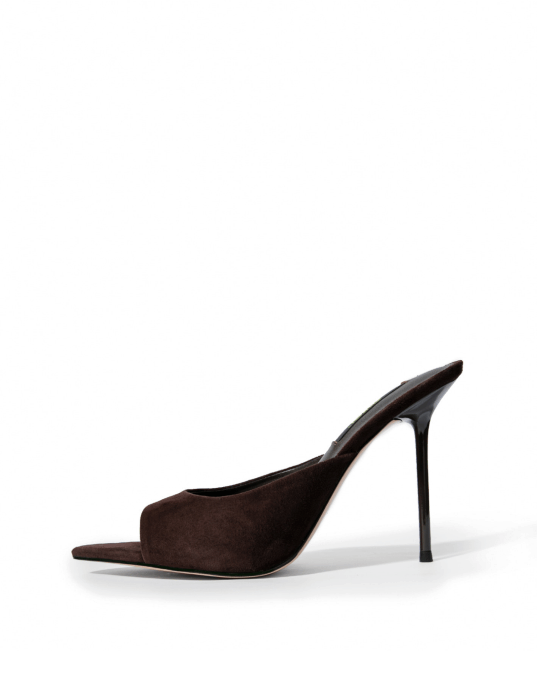 Dark chocolate genuine suede open-toe stiletto mules, side view