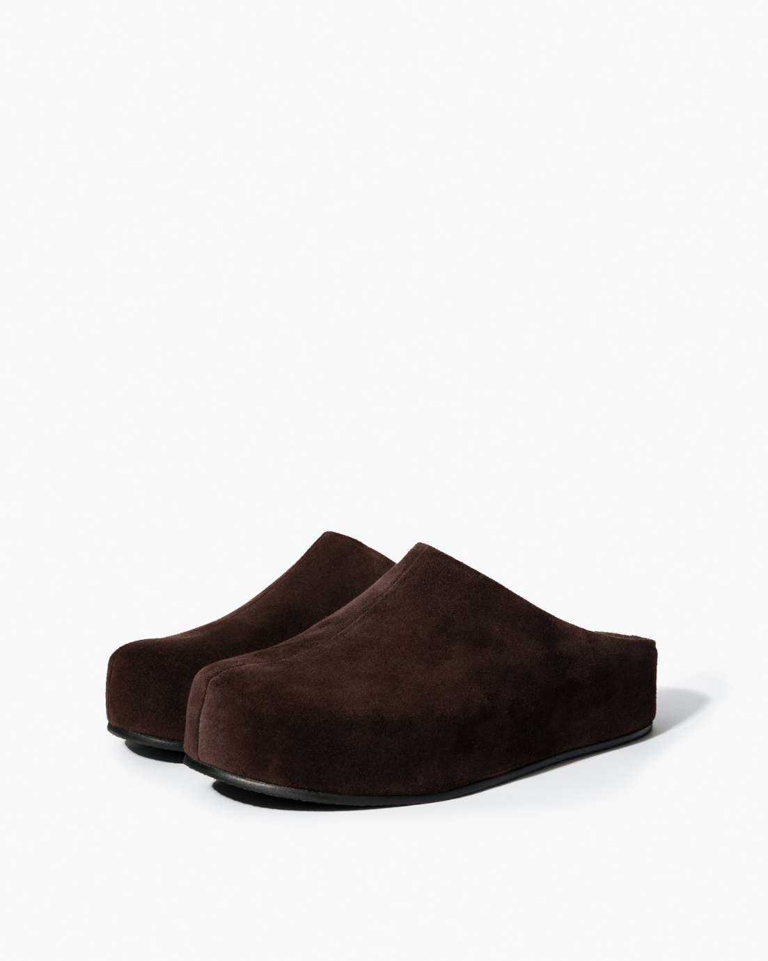 Pair of dark chocolate genuine suede platform clogs