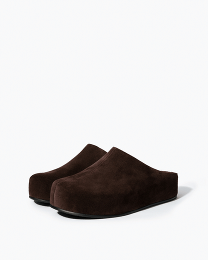 Pair of dark chocolate genuine suede platform clogs