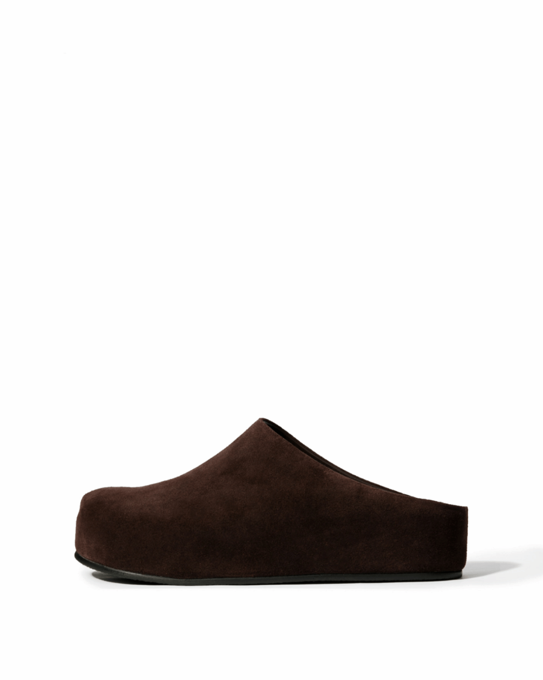 Dark chocolate genuine suede platform clogs, side view