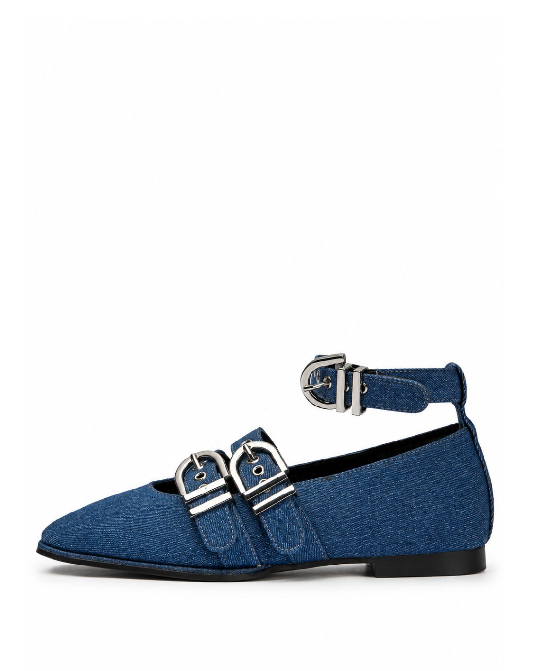 Indigo denim ballet flat with square toe, triple silver buckles and ankle strap, side profile