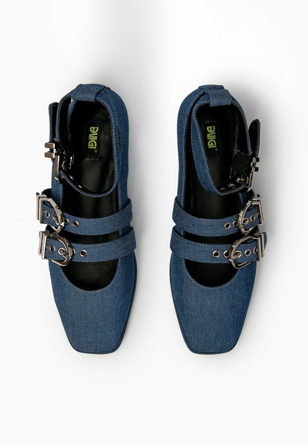 Top view of indigo denim ballet flats with two instep straps and ankle buckles
