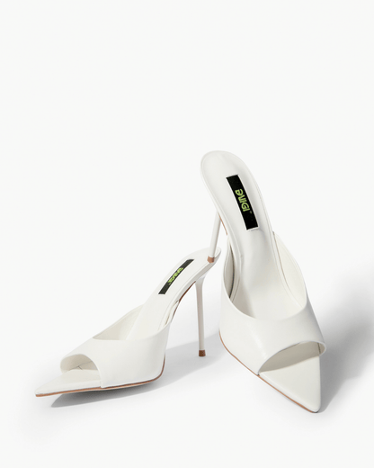 Ivory genuine leather high heel mules, front angle