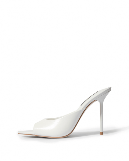 Ivory genuine leather open-toe stiletto mules, side view
