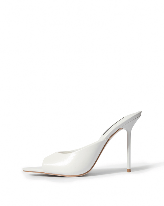 Ivory genuine leather open-toe stiletto mules, side view