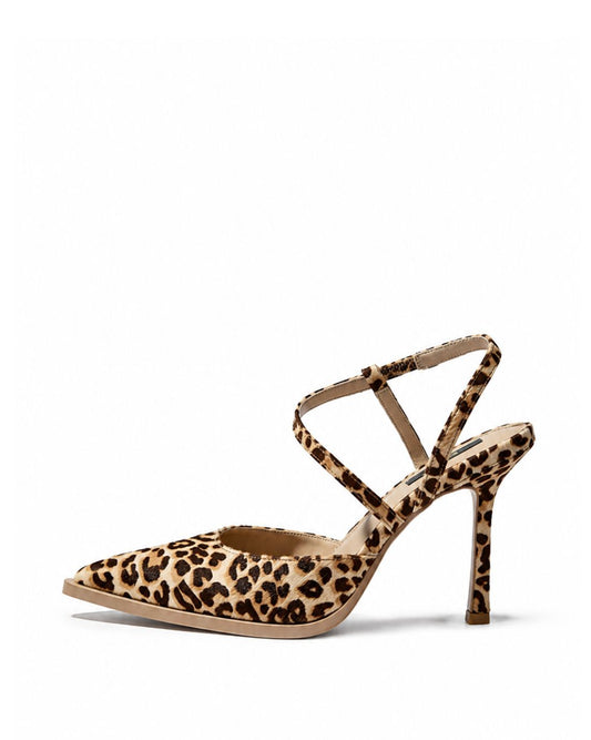 Leopard-print natural fur strappy pumps, side view
