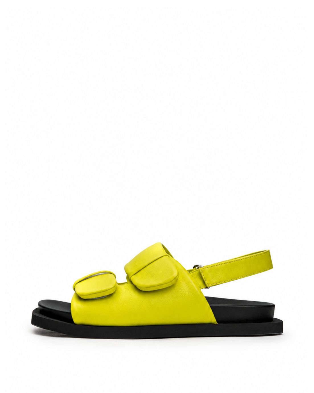 Lime green soft leather double-strap sandals with black sole, side view