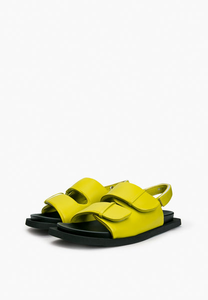 Pair of lime green leather comfort sandals with adjustable padded straps