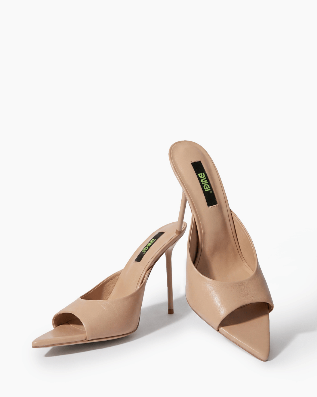 Nude beige genuine leather high heel mules, front angle