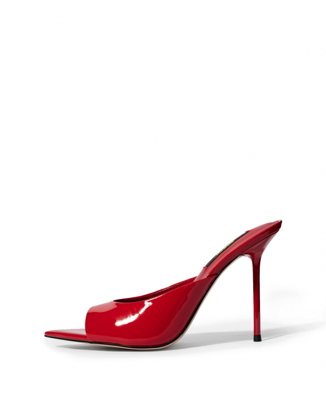 Red genuine patent leather open-toe stiletto mules, side view