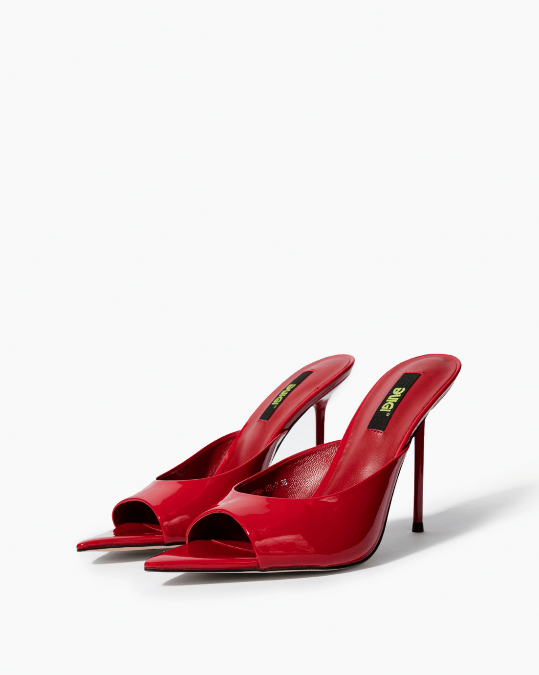 Pair of red genuine patent leather pointed-footbed mules