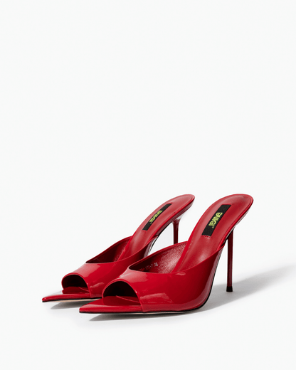 Pair of red genuine patent leather pointed-footbed mules