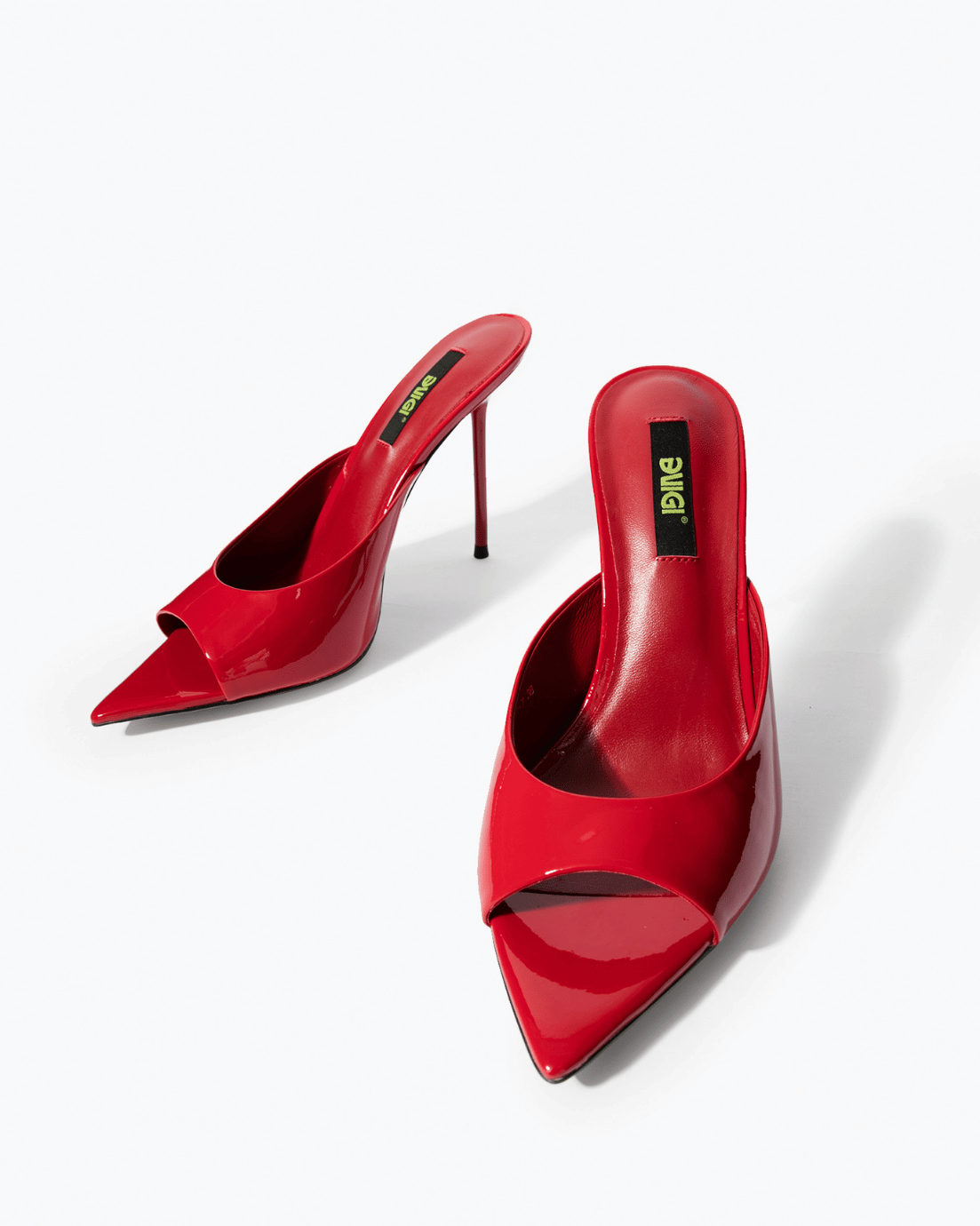 Red patent leather stiletto mules, front angle