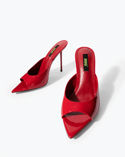 Red patent leather stiletto mules, front angle