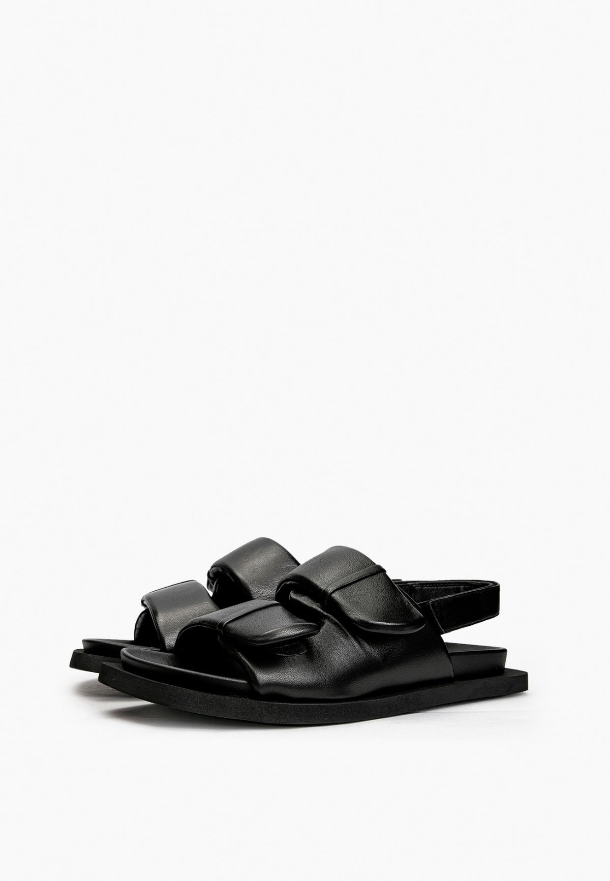 Pair of black leather comfort sandals with two padded adjustable straps
