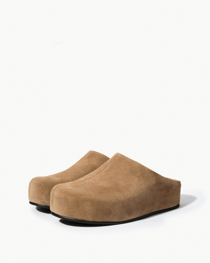 Pair of taupe genuine suede platform clogs