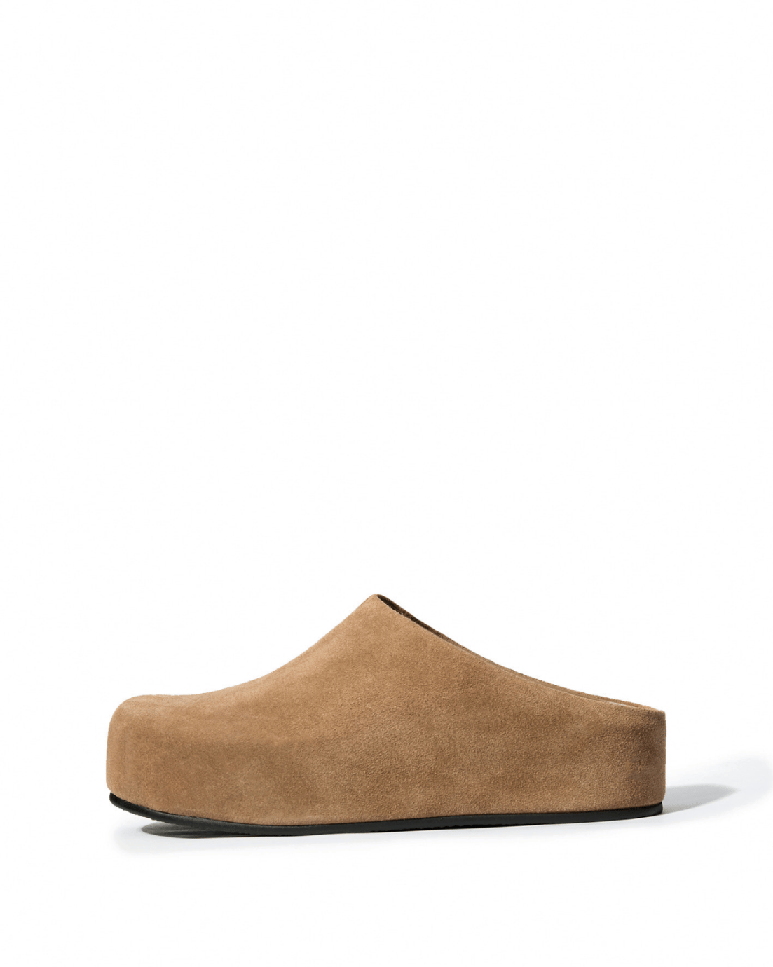 Taupe genuine suede platform clogs, side view